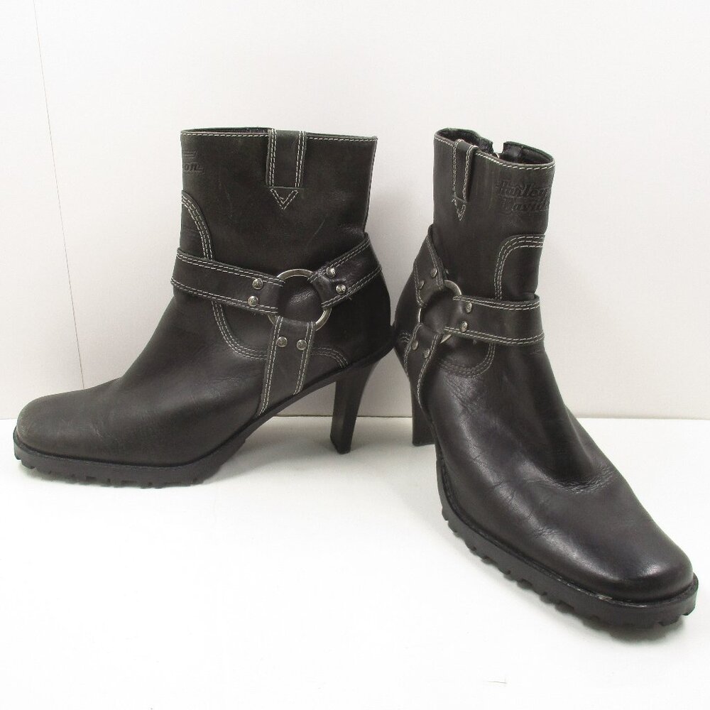 Womans HARLEY-DAVIDSON Ankle Buckle Zipped Boots Black Leather  3" Heel Size 8